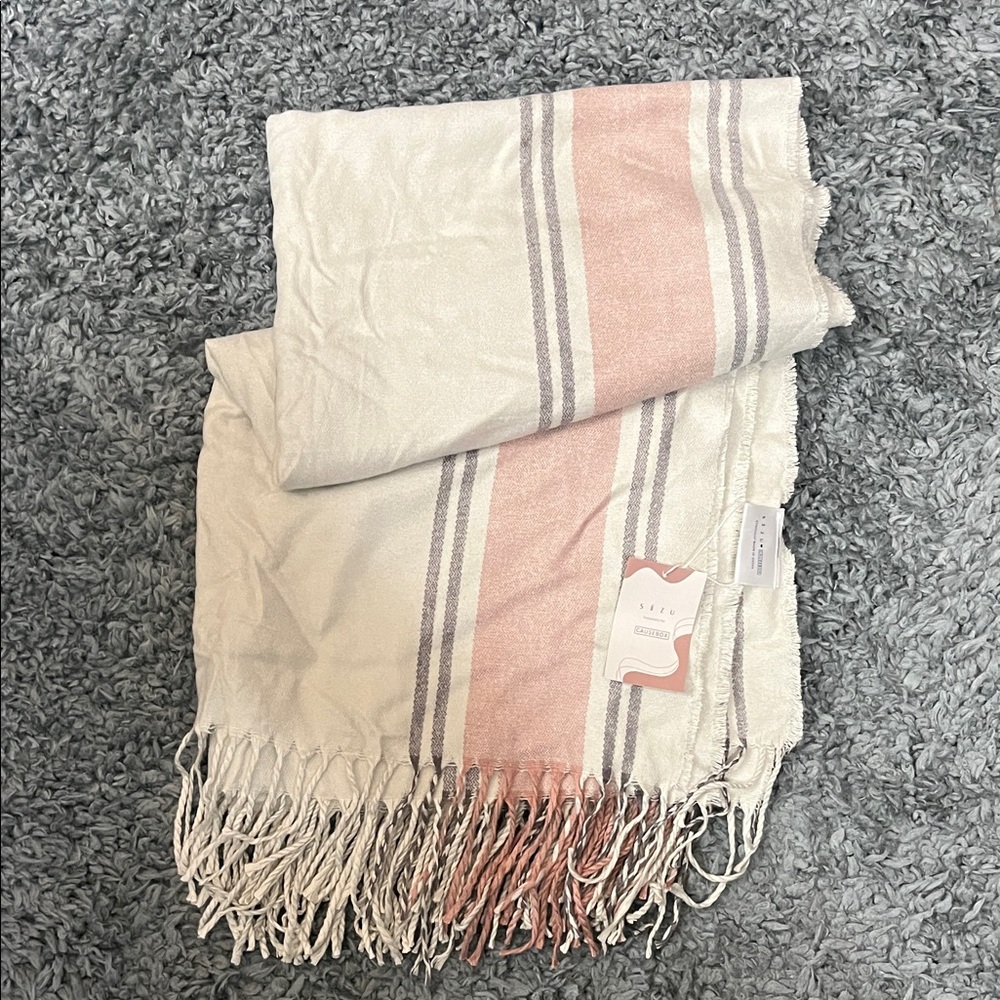 Striped Fringe Scarf in Pink and Gray